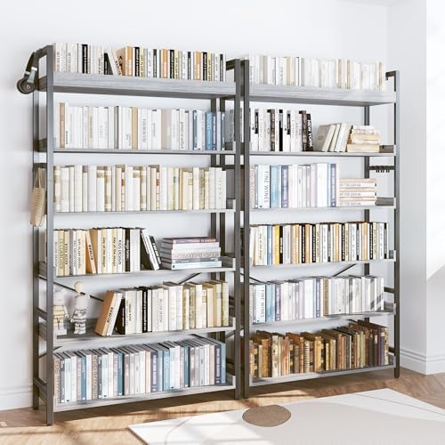 HCHQHS Bookshelf, Adjustable Industrial Bookcase, Vertical Tall Book Shelf, Wood and Black Metal Open Bookshelves for Home Office, Living Room, Bedroom (Grey, 6-Tier (31" W x 70" H)) - Image 2