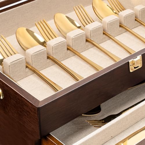 Silverware Storage Box, 3-Layer Flatware Storage Case with Drawer, Wooden Silverware Chest with Handle and Linen Liner, Rustic Silverware Case for Storing Fine Flatware and Utensils (Walnut) - Image 4