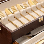 Silverware Storage Box, 3-Layer Flatware Storage Case with Drawer, Wooden Silverware Chest with Handle and Linen Liner, Rustic Silverware Case for Storing Fine Flatware and Utensils (Walnut) - Image 4