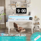 Lufeiya White Computer Desk with LED Lights and Power Outlets, 40 Inch Home Office Desks with Monitor Stand, Teen Writing Study Table Gaming Desk with Charging Station, White - Image 4