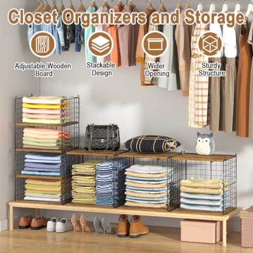 2 Pack Closet Organizers and Storage, Stackable Closet Shelf Organizer Heavy Duty Metal Wire Storage Bins with Adjustable Wood Shelf, Large Capacity Closet Storages for Bedroom Wardrobe Organization - Image 4
