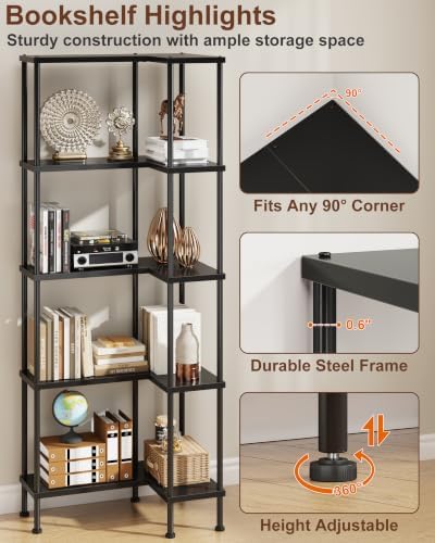 HIGDBFE 5-Tier L-Shaped Corner Bookshelf, 60" Tall Modern Corner Shelf - Image 3