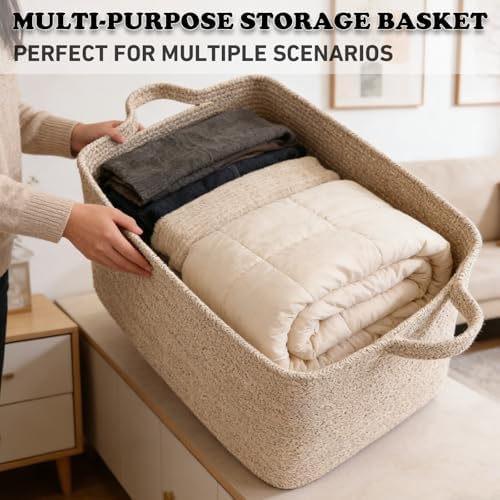 96L Woven Laundry Basket with Handles, Extra Blanket Basket,Brown - Image 5