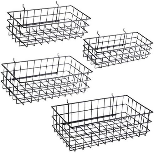 Pegboard Baskets, Set of 4 Black - Hooks to Any Peg Board - Pegboard Accessories, Square Style Wire Shelf Baskets - Organize Tools, Workbench, Garage Storage - Wall Organizer Attachments by RightArrange