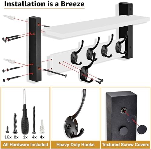 Sorbus Coat Rack Wall Mount with Shelf (White, 16 Inch) - Image 5