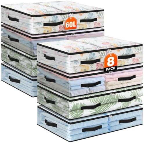 8 Pack Under Bed Storage Bags, 60L Foldable Clear Containers with Handles by Unknown