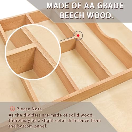 Silverware Drawer Organizer - Trim-to-Fit with Adjustable Dividers for Kitchen Utensil Storage, Beech Wood Frame with 11 Sizes (24" W x 22" D) - Image 6
