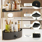 2-Tier Corner Bathroom Counter Organizer with Drawer, Black Gold - Image 3