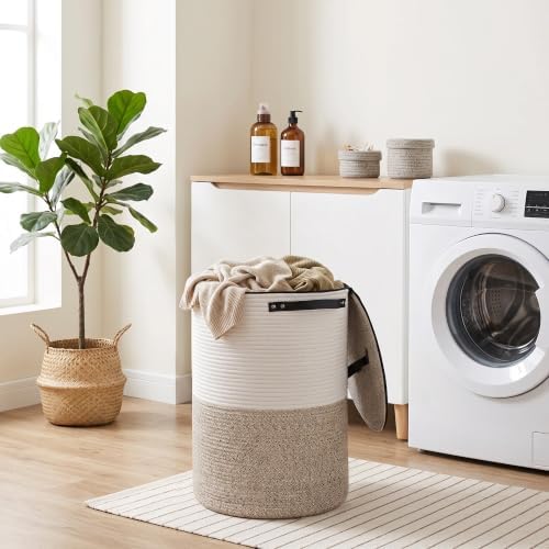 Laundry Basket with Lid, 15" x 20" Tall Woven Blanket Storage for Living Room, Round Cotton Rope Nursery Hamper with Zipper, Lidded Kids Toy Bin, Large Decorative Basket with Cover, Brown - Image 3