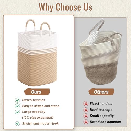 Laundry Basket Hamper,Blanket Storage,Dirty Clothes Hamper with Swivel Handles,Woven Cotton Rope Toy Baskets,Blanket Basket Living Room,Decorative Hampers for Nursery,Bedroom,White & Brown,80L - Image 4