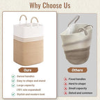 Laundry Basket Hamper,Blanket Storage,Dirty Clothes Hamper with Swivel Handles,Woven Cotton Rope Toy Baskets,Blanket Basket Living Room,Decorative Hampers for Nursery,Bedroom,White & Brown,80L - Image 4