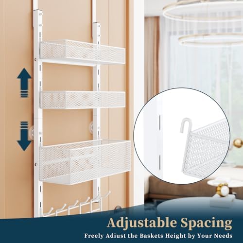 Consumest Over The Door Hooks Organizer - 4 Tier Door Coat Rack with 3 Baskets & 12 Hooks, Stainless Steel Towel Hanger for Bedroom, Bathroom, Living Room, White - Image 2