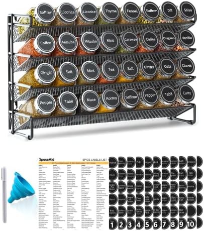SpaceAid Spice Rack Organizer with 32 Spice Jars, 386 Spice Labels, Chalk Marker and Funnel Set for Cabinet, Countertop, Pantry, Cupboard or Door & Wall Mount - 32 Jars, 15.3" W × 10.8" H, Black by SpaceAid