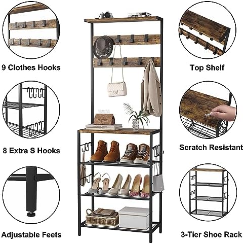 HOMEFORT Coat Rack with Shoe Storage, 5-Tier Shoe and Coat Rack with 9 Clothes Hooks, Freestanding Hall Tree Organizer for Entryway, Bedroom, Rustic Brown - Image 5