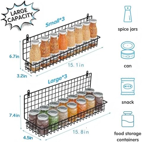 JKsmart 6-Tier Spice Rack Organizer with Door Hook, Wall Mounted & Over the Door Spice Racks for Kitchen Pantry Door Cabinet, Two Size, Large Capacity, Black - Image 5