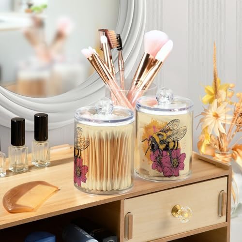 Fustylead 4 Pack Vintage Bee and Flowers Plastic Apothecary Jars with Lid, Bathroom Vanity Storage Organizer Canister for Qtip, Cotton Ball, Swab, Round Pads, Floss - Image 5