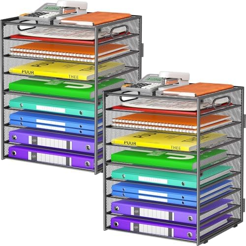 Cawukege 9 Tier Paper Organizer with Handle, 2 Pack Large Capacity Desk Organizer Mesh Paper Letter Tray File Folder Document Sorter for Classroom and Office Accessories Organization- Grey (2 Pack) by Cawukege