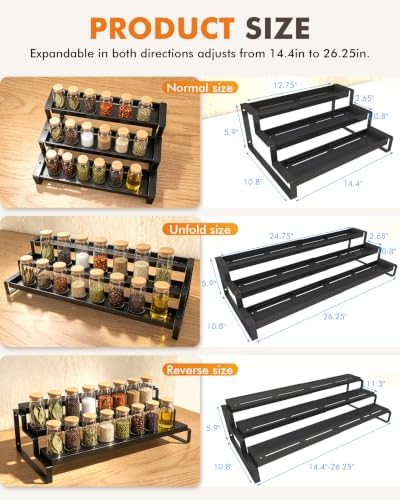 Spice Rack Organizer for Cabinet Expandable Metal 3 Tier Spice Rack Black - Image 2