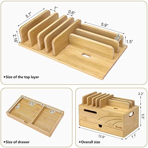 Homde Bamboo Charging Station Organizer: 6 Compartments and Drawer - Image 4