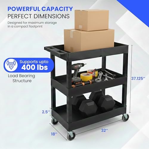 Luxor EC111-B 3-Shelf Heavy Duty Rolling Plastic Utility Cart, Black - Image 5