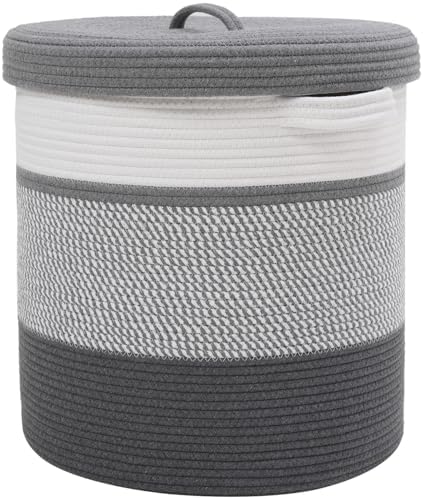 16" x 16" x 18" Extra Large Storage Basket with Lid, Cotton Rope Storage Baskets, Laundry Hamper, Cloth Bin, for Clothes Towels Blankets Pillows Storage in Living Room, White/Grey Mix/Dark Grey by Cottonphant