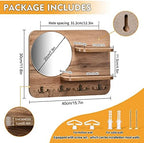 Wooden Key Rack with Mirror, Shelf and 4 Key Hooks for Rustic Entrances, Hallways, Living Rooms and Bedrooms - 16"x12" (Oak Color) - Image 3