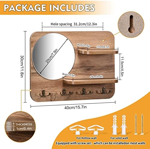 Wooden Key Rack with Mirror, Shelf and 4 Key Hooks for Rustic Entrances, Hallways, Living Rooms and Bedrooms - 16"x12" (Oak Color) - Image 3
