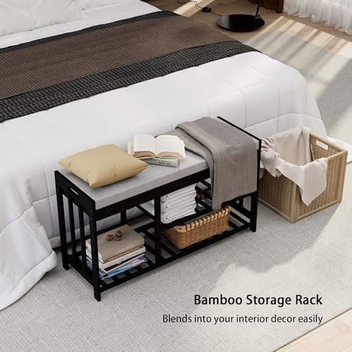 Bamboo Shoe Storage Bench with Cushioned Seat 3-Tier Entryway Shoe Rack - Image 6