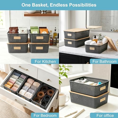 Bagnizer 4 Pack Plastic Storage Bins with Bamboo Lids, 6.2qt Stackable Storage Organizer Box with Lable for Pantry Shelves Drawers Desktop Office, 12"L x 8.3"W x 3.5"H, Gray - Image 5