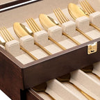 Silverware Storage Box, 2-Layer Flatware Storage Case with Drawer, Wooden Silverware Chest with Linen Liner, Rustic Silverware Case for Storing Fine Flatware and Utensils (Walnut) - Image 4
