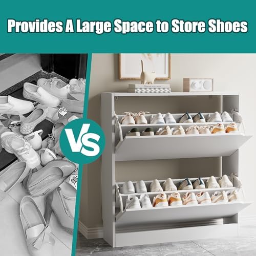 Xixini Shoe Storage Cabinet for Entryway with 2 Flip Drawers, Wood Freestanding Hidden Shoe Storage, Narrow Slim Sturdy Shoe Organizer for Front Door Entrance, Living Room, Hallway, Bedroom, White - Image 5