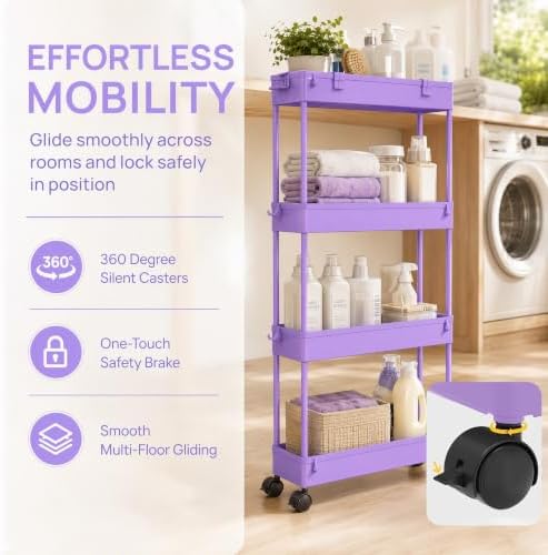SPACELEAD Slim Storage Cart 3 Tier,Bathroom Organizer Rolling Utility,Mobile Shelving Unit Slide Out for Office, Kitchen, Laundry Room & Narrow Places,Purple - Image 5