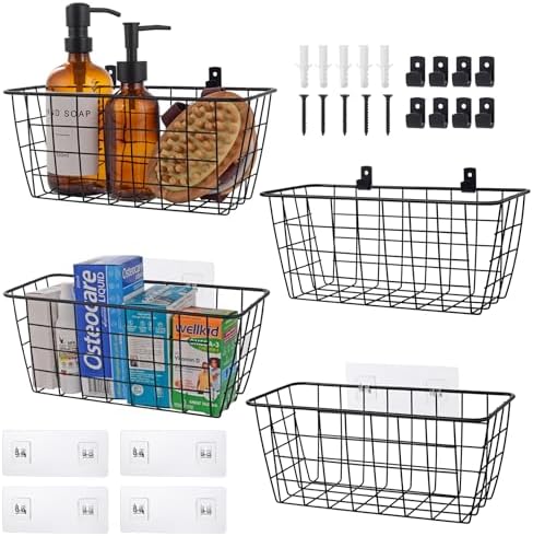 Wire Hanging Wall Basket, 4 Black Metal Baskets, Adhesive Cabinet Organizer by LIGHTDUST