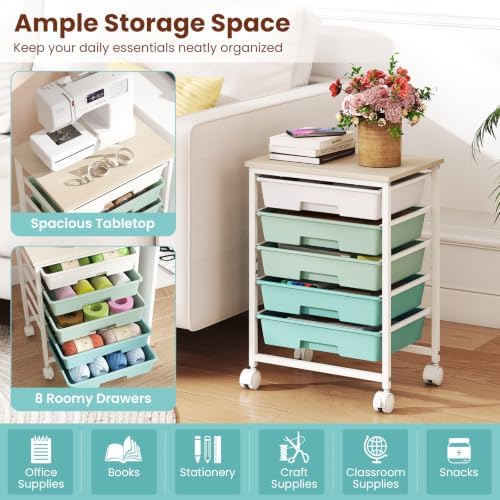 Giantex 5 Drawers Rolling Cart with Wheels, Wood Top, Sturdy Frame - Image 7