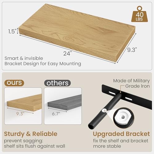 Fun Memories Floating Shelves 24 Inch Long, 9.3 Inch Deep Floating Shelf for Lving Room, Bedoom, Kitchen, Deep Wall Shelves for Bathroom, 2 Pack Storage Display Shelf for Books, Decors, Oak - Image 3