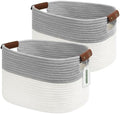 ECDYQXVU 15x10x9 Woven Cotton Rope Storage Basket, Leather Handles 2 Pack by ECDYQXVU
