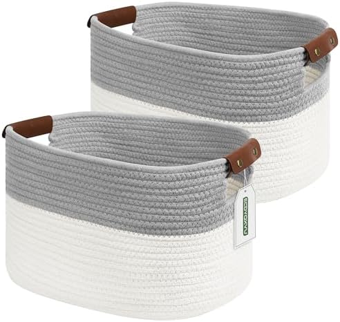 ECDYQXVU 15x10x9 Woven Cotton Rope Storage Basket, Leather Handles 2 Pack by ECDYQXVU