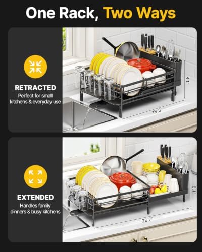 TOOLF Extendable Dish Drying Rack for Kitchen Counter, Black - Image 2