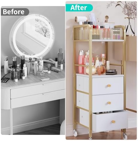 HapiRm Rolling Makeup Cart Organizer - Floor Skincare Make Up Storage with 3 Non-Woven Fabric Drawers, Vanity Organizer Cosmetic Display Cases Holder for Skin Care Perfume Nail Polish Brush Hair Tool - Image 3