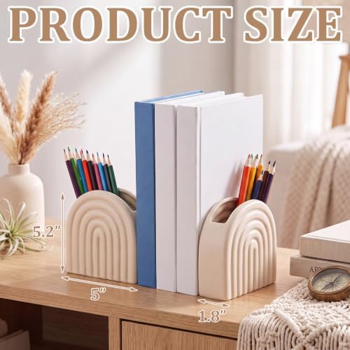 Decorative Ceramic Bookend Pen Holder for Shelves, Boho Style Set of 2, Aesthetic Rainbow Arch Heavy Duty Book Ends Stopper for Book Shelf Home Office Library Decor(Beige) - Image 6