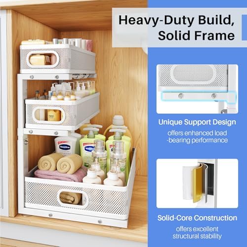 Under Sink Organizer, 3-Tier Thickened Metal Pull out Cabinet Organizer Shelf, Height Adjustable Slide out Storage Drawer Rack for Kitchen Bathroom Pantry Laundry Home Organization, 2-Pack, White - Image 5
