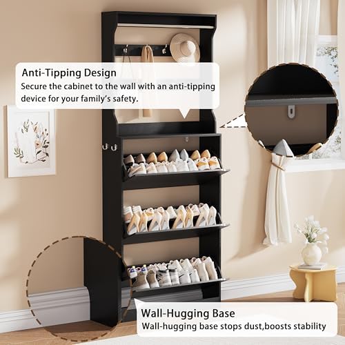 Black Hidden Shoe Cabinet with 3 Flip Drawers & Coat Rack, Entryway - Image 6