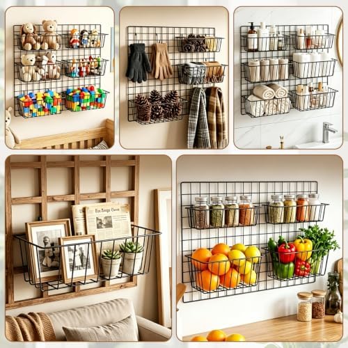 10 PCS Wire Baskets Wall Grid Panel Hanging Wire Basket Hanging Wall Baskets No Drilling Wall Hanging Baskets Grid Wall Storage Basket for Kitchen Bathroom Home Decor Supplies Large - Image 7