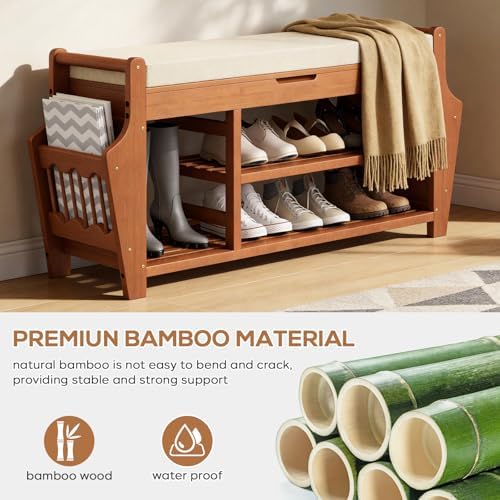39.4in Shoe Bench with 2 Holder, 3 Tier Bamboo Entryway Bench with Storage - Image 3