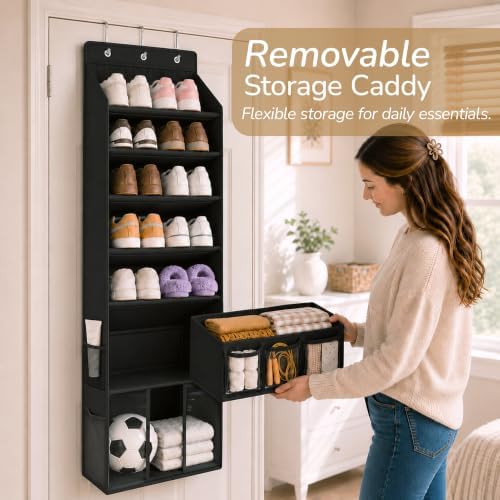 3in1 Over The Door Shoe Organizer with 5 Slanted Compartments,Removable Storage Bin & Transparent Pockets,Thickened Waterproof Oxford Fabric Shoes Rack for Shoes,Boots,Toys,Daily Essentials. (Black) - Image 3