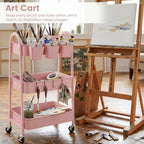 danpinera 3-Tier Rolling Cart, Utility Cart Mobile Metal Rolling Storage Cart with Lockable Wheels & Hanging Cups & Hooks for Kitchen, Bathroom, Office, Workshop, Pink - Image 5