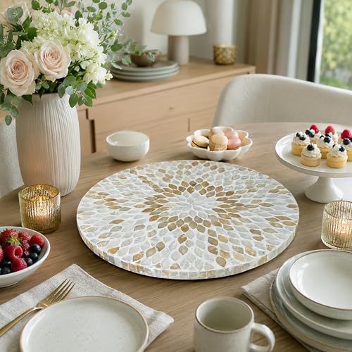 i-lan 18 Inch Mother of Pearl Lazy Susan Turntable, Large Decorative Round Rotating Tray for Dining Table, Kitchen Countertop, Cabinet, Island and Tabletop, Champagne Gold - Image 5