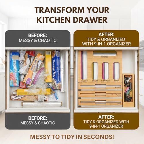 9 in 1 Bamboo Kitchen Drawer Organizer for Storage Bags, Foil & Plastic Wrap Holder with Built-In Cutter, Fits Gallon, Quart, Sandwich, and Snack - Image 3