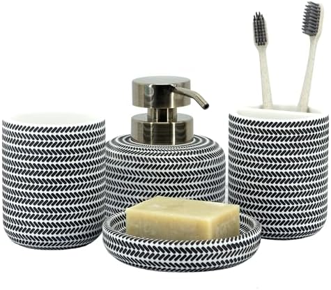ZCCZ Black and White Bathroom Accessories Set, 4 Pieces - Toothbrush Holder, Soap Dispenser, Vanity Tray, Tumbler - Countertop Organizer for Bathroom Decor - Modern Accessory Set for Home and Office by zccz
