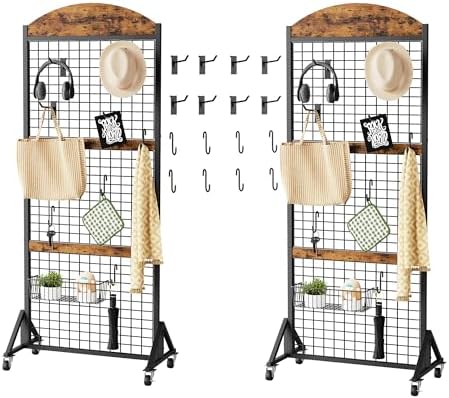 CHOEZON Grid Wall Panel 5.7' x 2' FT Grid Display Rack, 2 Pack Movable Gridwall Display Stand with 8 S-Shaped Hooks and 8 Garment Hooks, Floorstanding Wire Grid Rack, Rustic Brown and Black TCJ17P2BF by Choezon